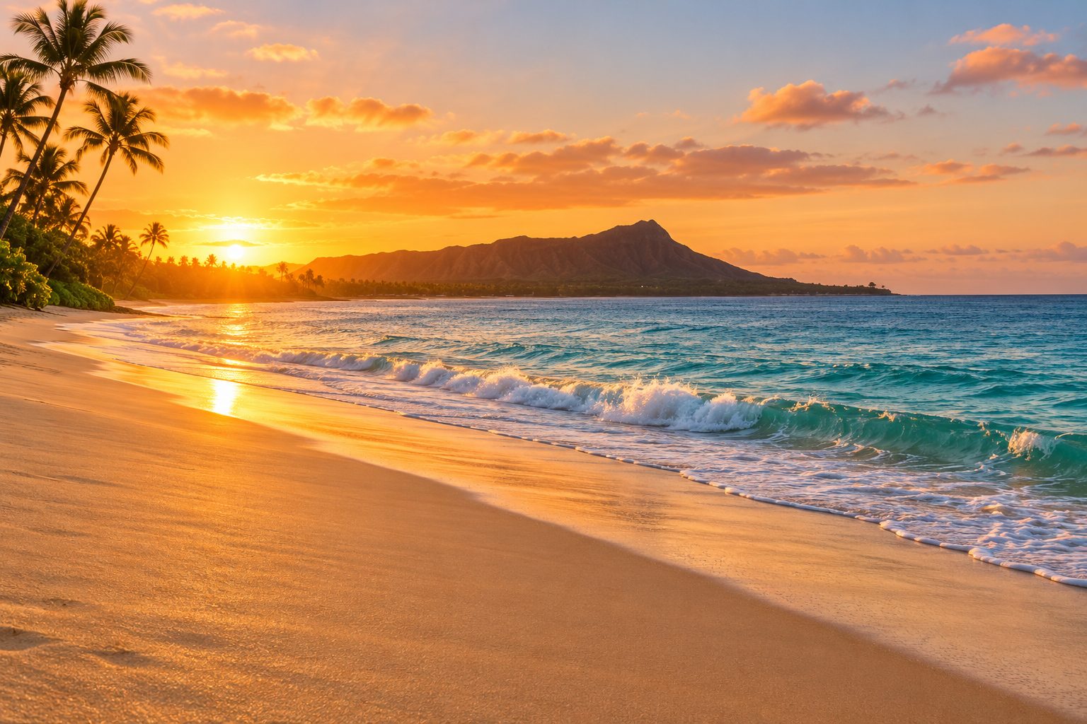 An empty O‘ahu beach at sunset with Diamond Head on the horizon