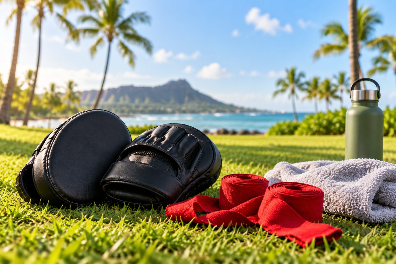 Black focus mitts, red hand wraps, a towel and a water bottle on the grass in a Honolulu park