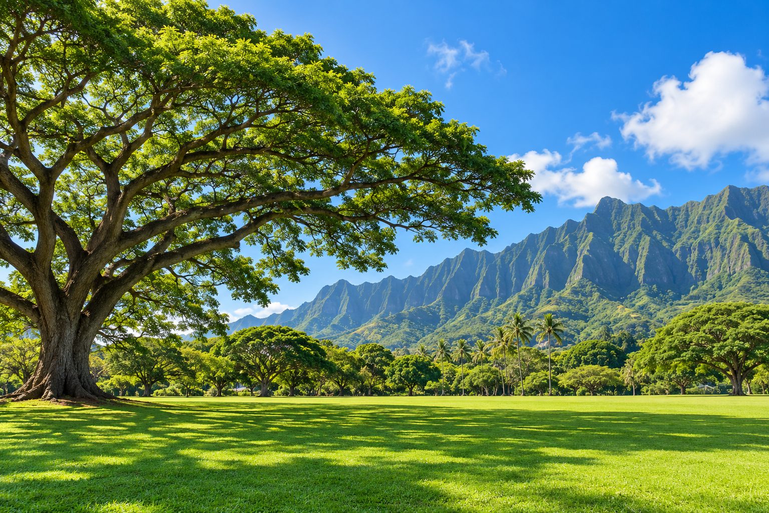 A wide grassy park in Honolulu under a monkeypod tree, with the Ko‘olau mountains behind